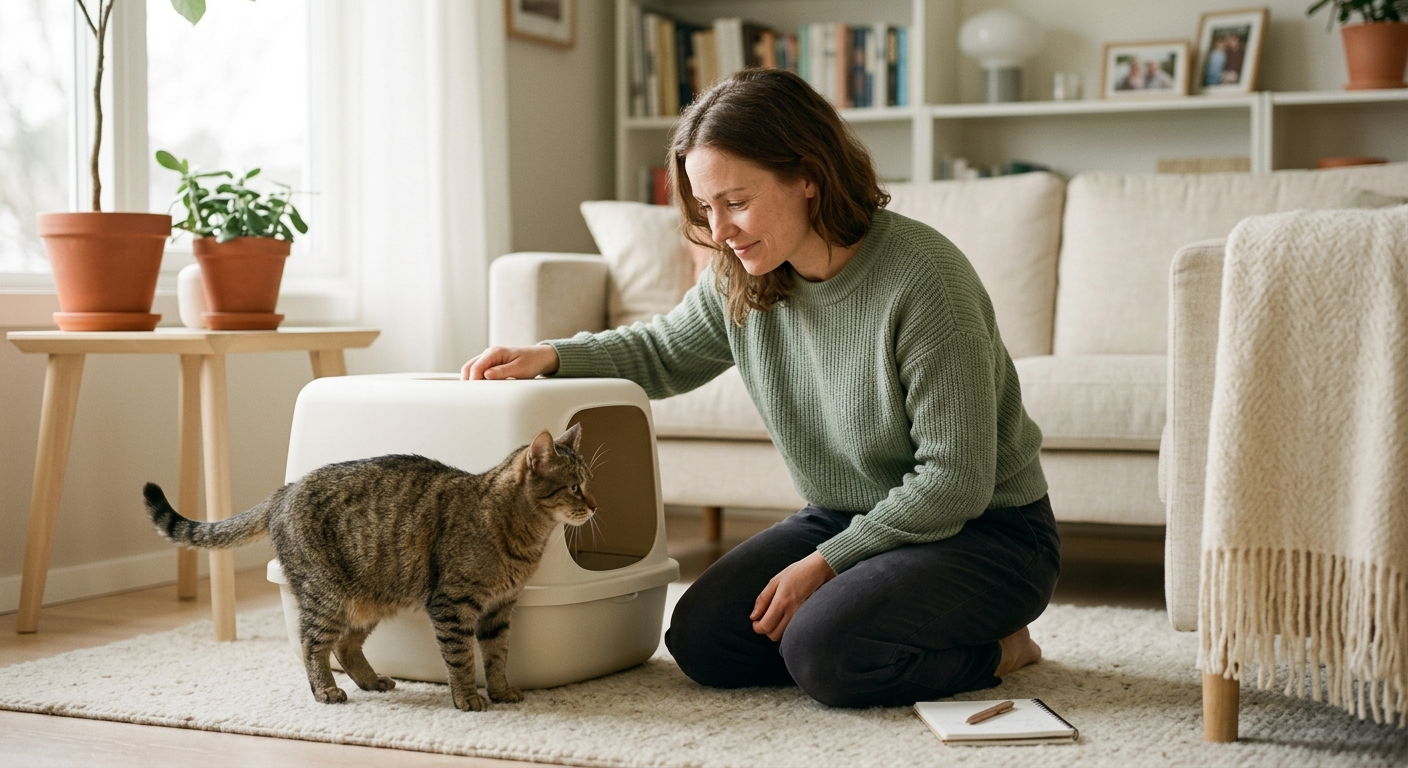 A caregiver calmly watching a cat in a clean litter box, noting straining and urine colour to describe to a veterinarian.