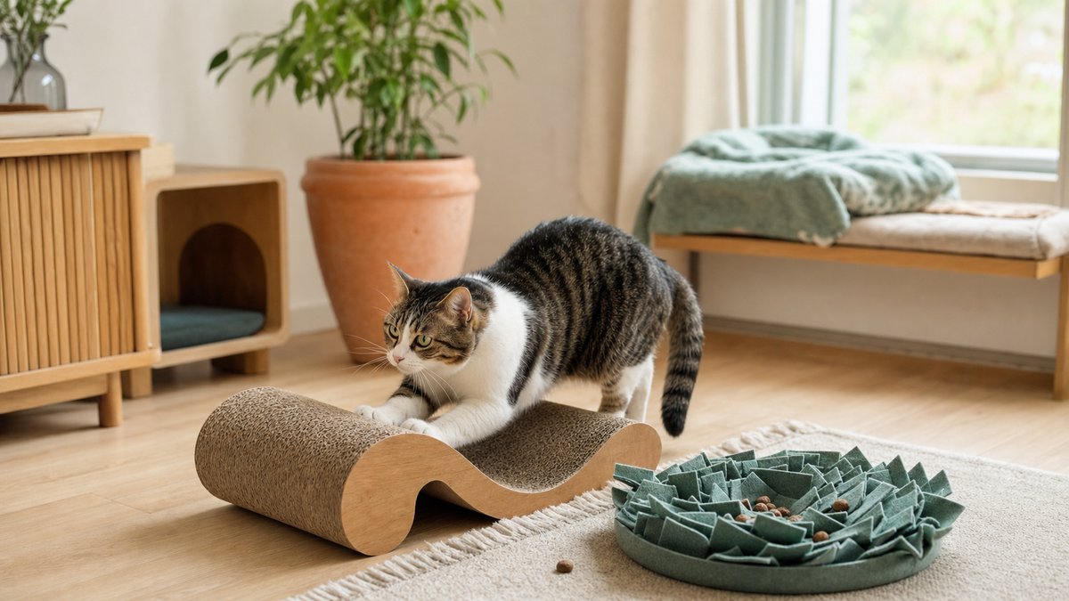 A cat choosing between a perch, scratcher, hiding nook, and gentle play in a calm room.