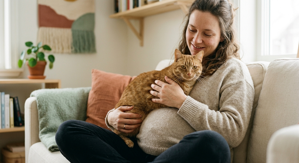 A calm pregnant person resting with a cat nearby while a partner handles the litter box in the background.