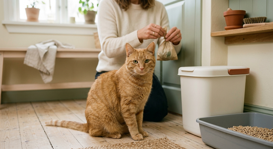 A caregiver bagging used cat litter beside a labelled bin in a calm, tidy utility area.