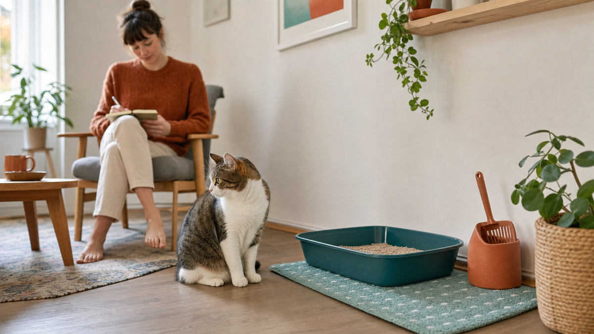 A cat and caregiver calmly observing a clean, accessible litter-box area at home.