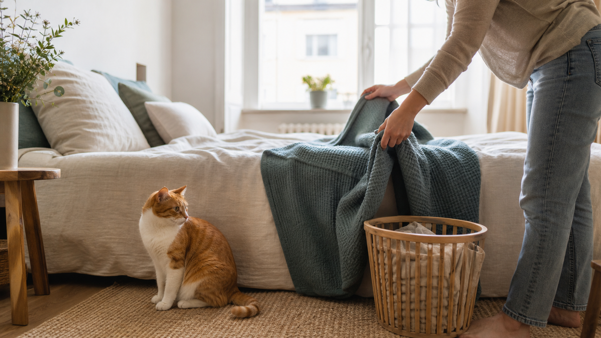 A cat resting on a neatly made bed while a caregiver prepares a calm home reset nearby.