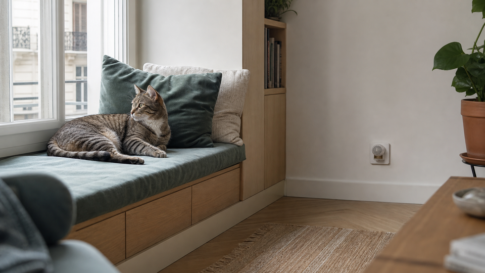 A cat resting comfortably in a softly lit room with a small wall diffuser nearby.