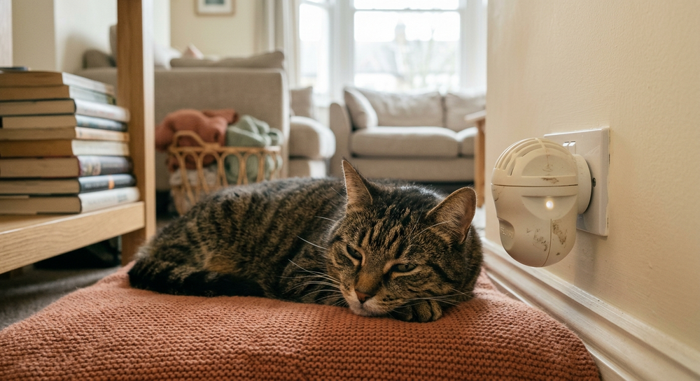 A cat resting comfortably in a softly lit room with a small wall diffuser nearby.