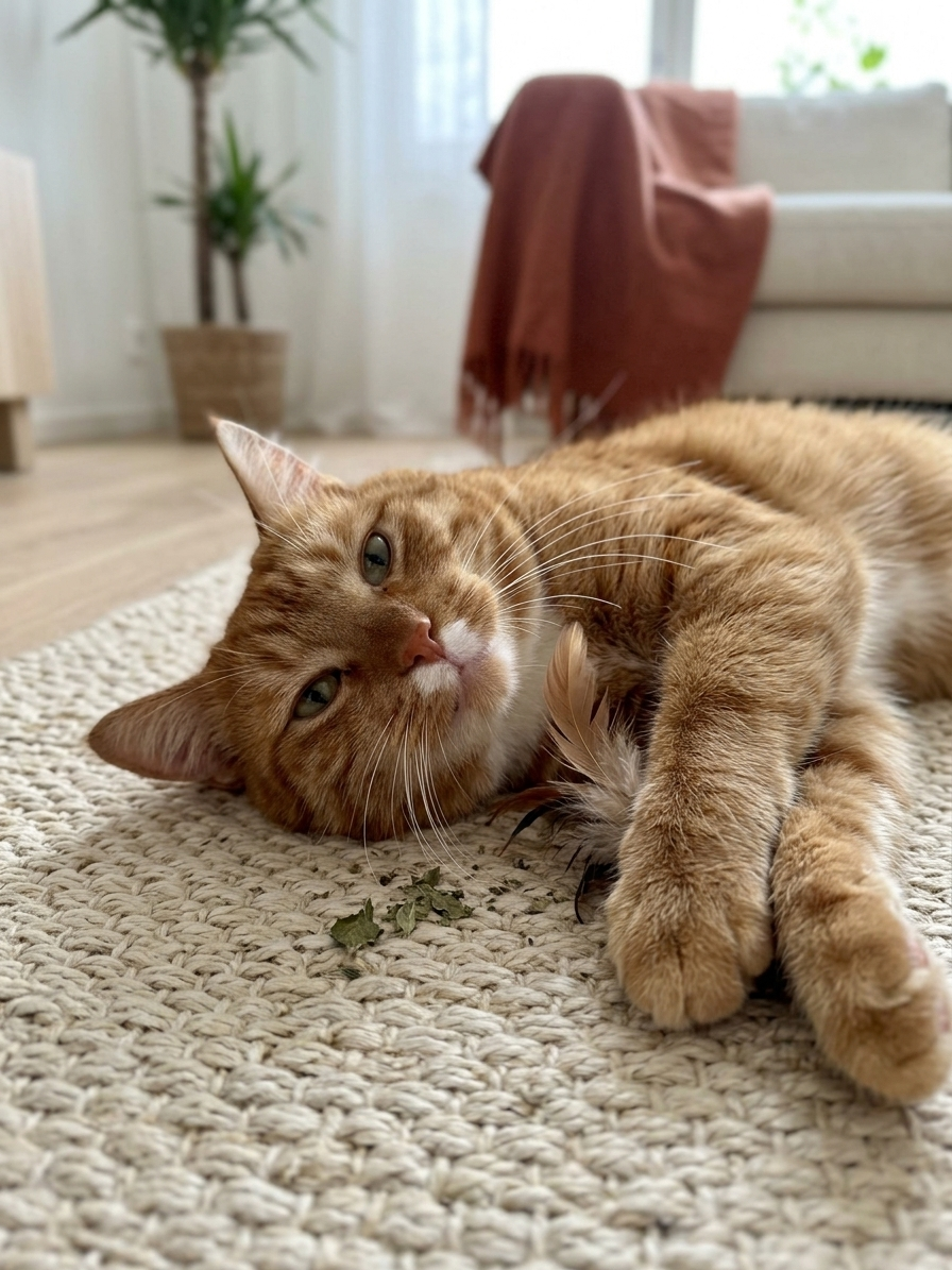 Pico, a ginger tabby cat, lies relaxed on a woven rug beside a small pinch of dried catnip in a warm, calm living room