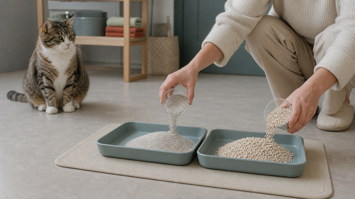 A cat approaching a clean litter box while a caregiver compares simple litter options.