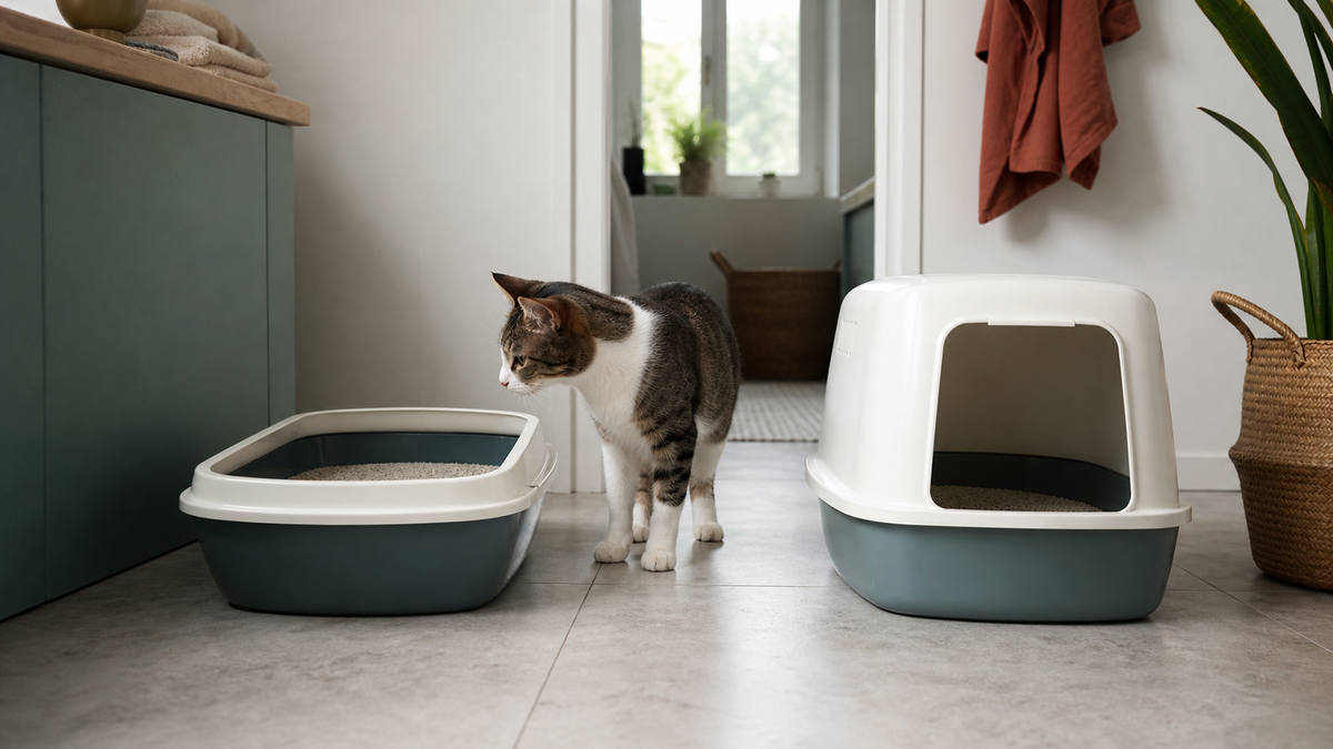 A cat considering two clean, separate litter-box options in a quiet room.