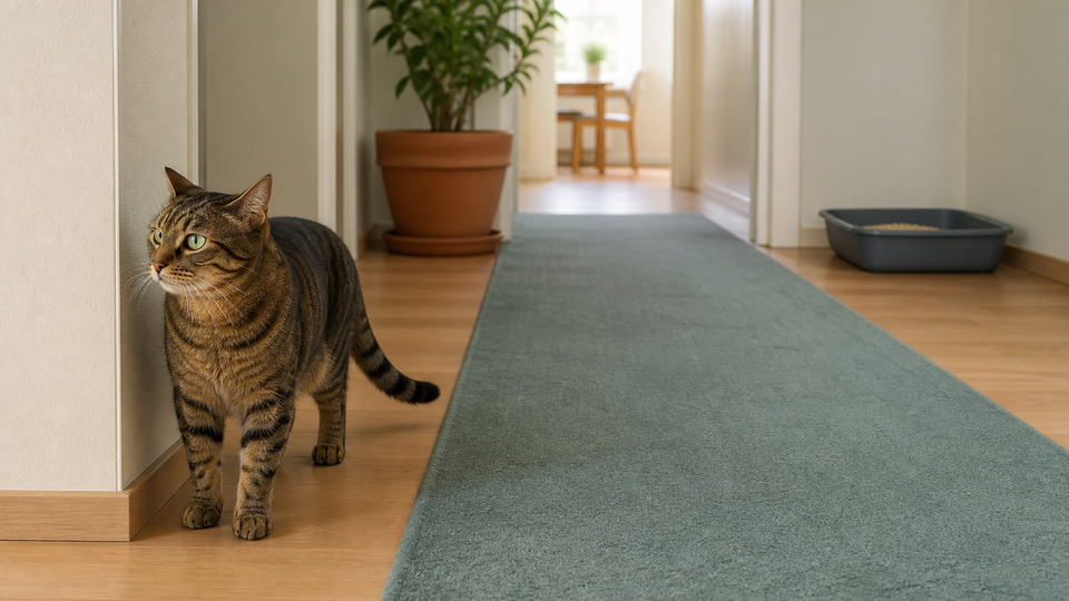 A caregiver making calm observations of a cat near a home wall and litter box.