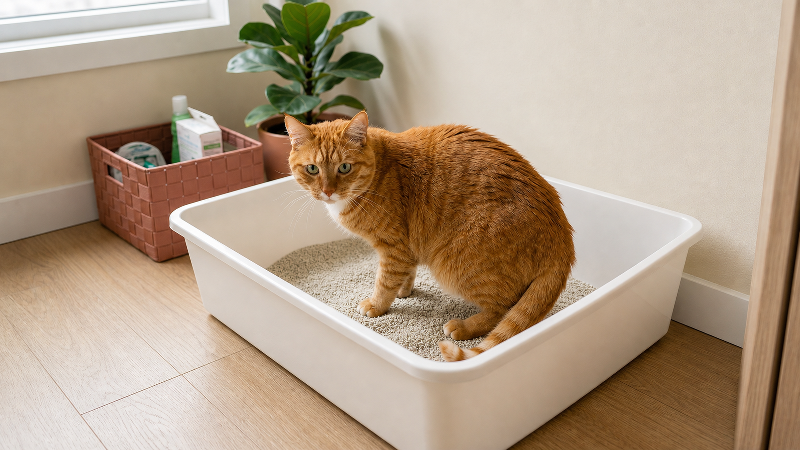 Pico turns comfortably inside a roomy open litter box in a warm home.