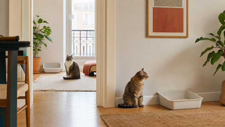 A simple home floor plan showing separated litter-box locations with open routes and more than one way out.