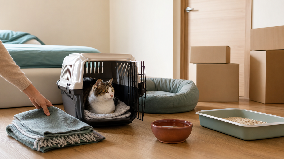 A cat resting in a quiet safe room with a familiar carrier, bed, food, water, and litter box before a move.