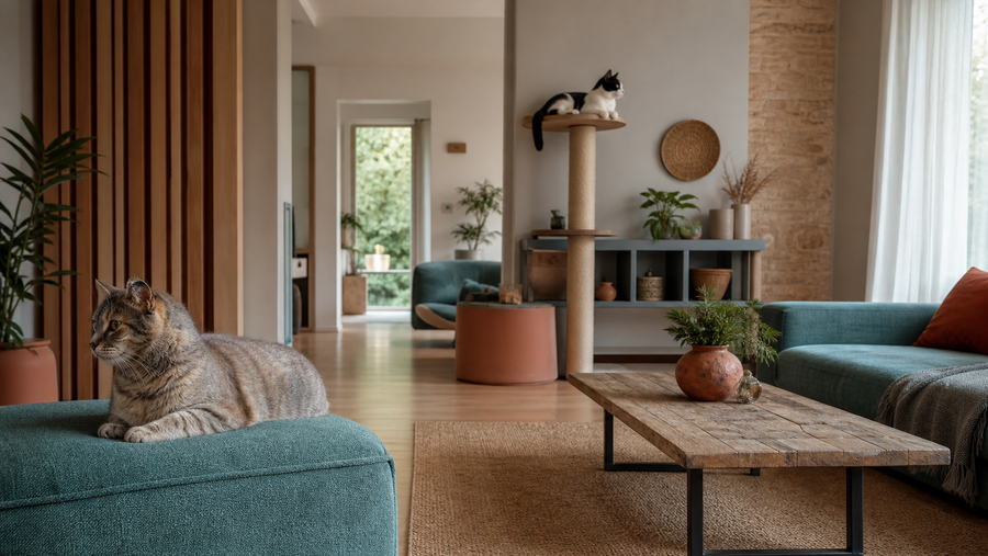 Two cats using separate resting and resource areas with clear routes through a home.