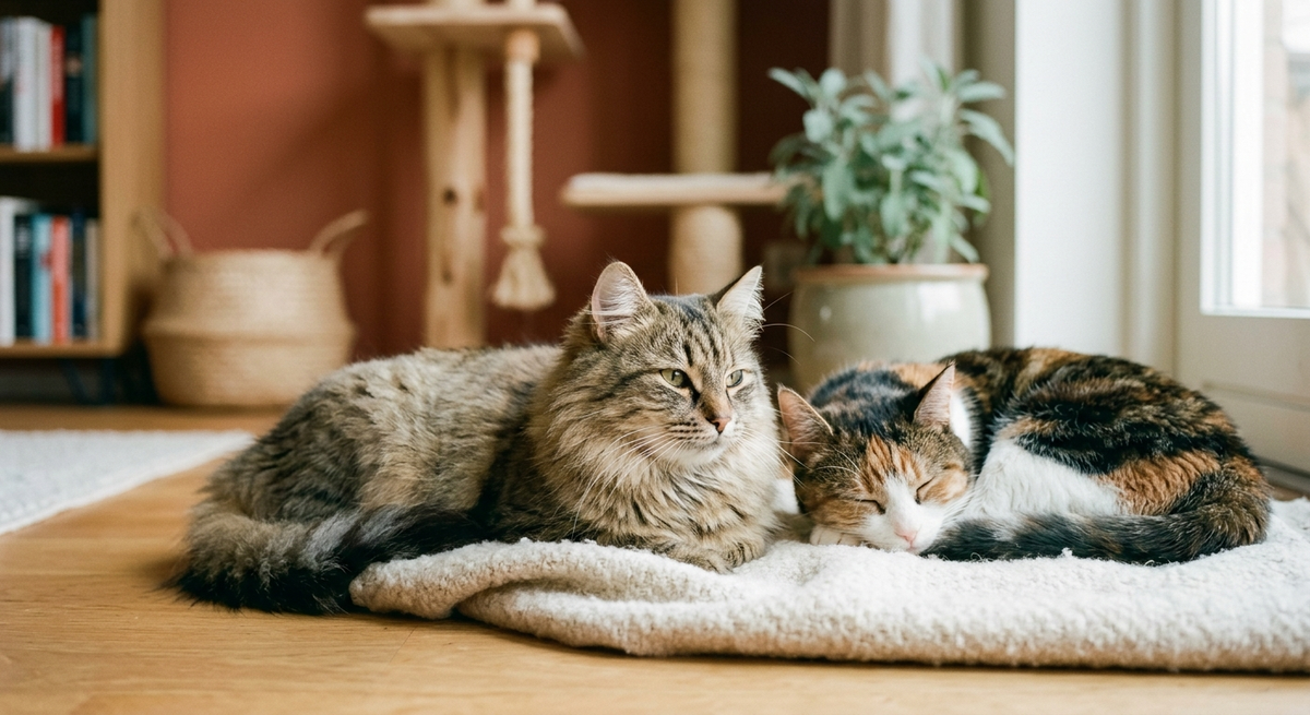 Two cats using separate resting and resource areas with clear routes through a home.