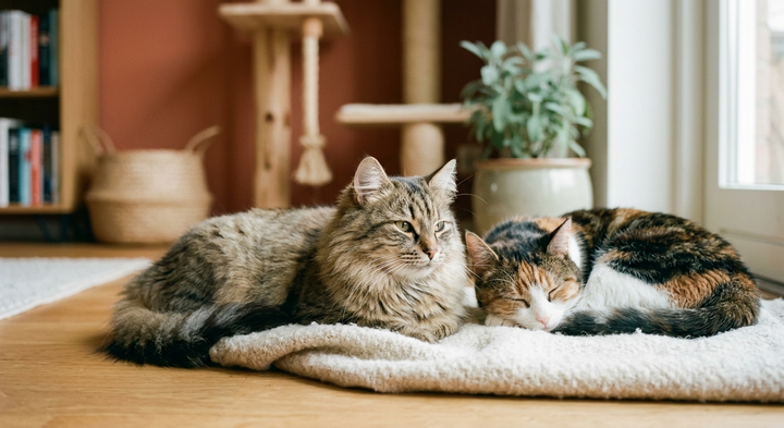 Two cats using separate resting and resource areas with clear routes through a home.