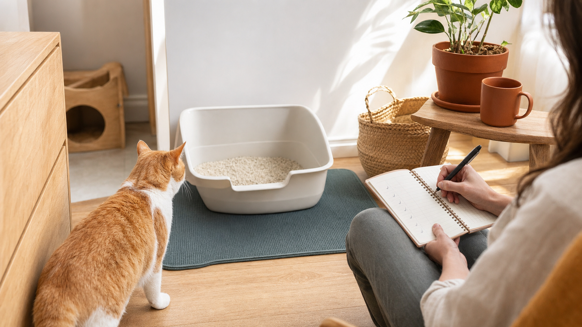A cat resting near a simple observation notebook and a tidy litter box in a calm home.