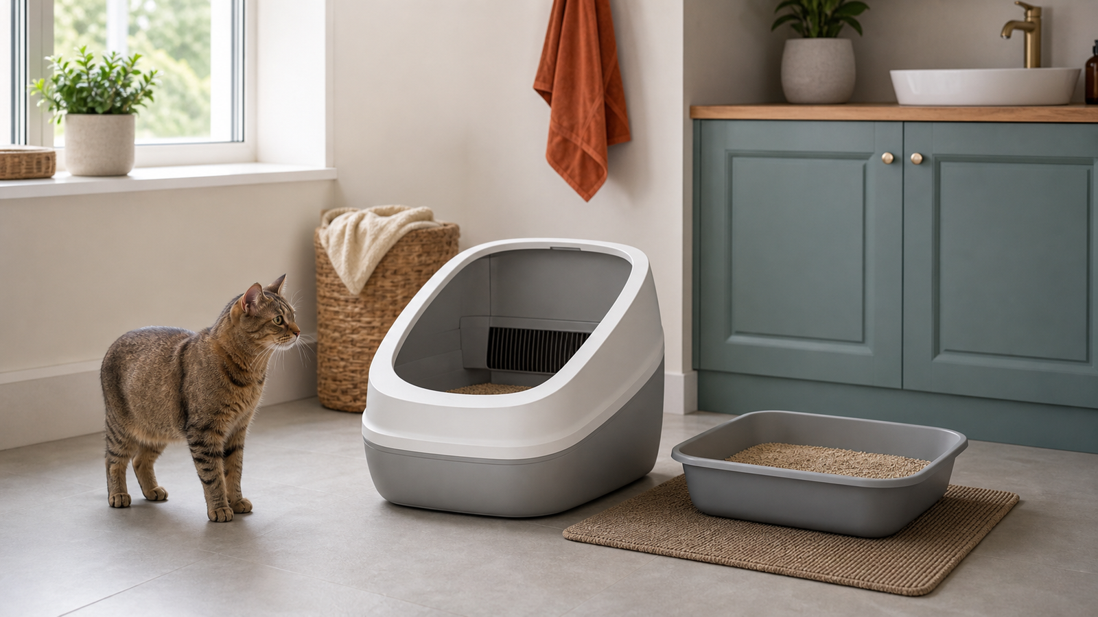An open manual litter tray beside an automatic litter box, with a safety checklist and a cat choosing the quieter route.