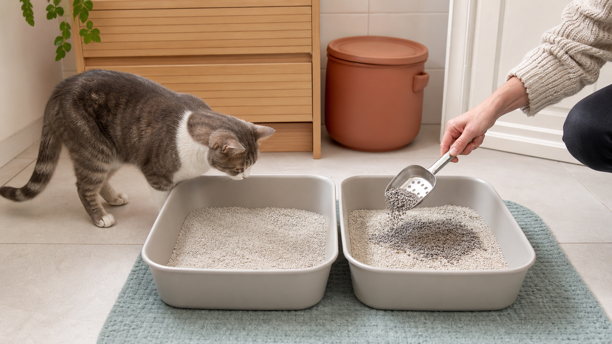 Two similar litter boxes with familiar and new litter offered separately while a cat observes from a calm distance.