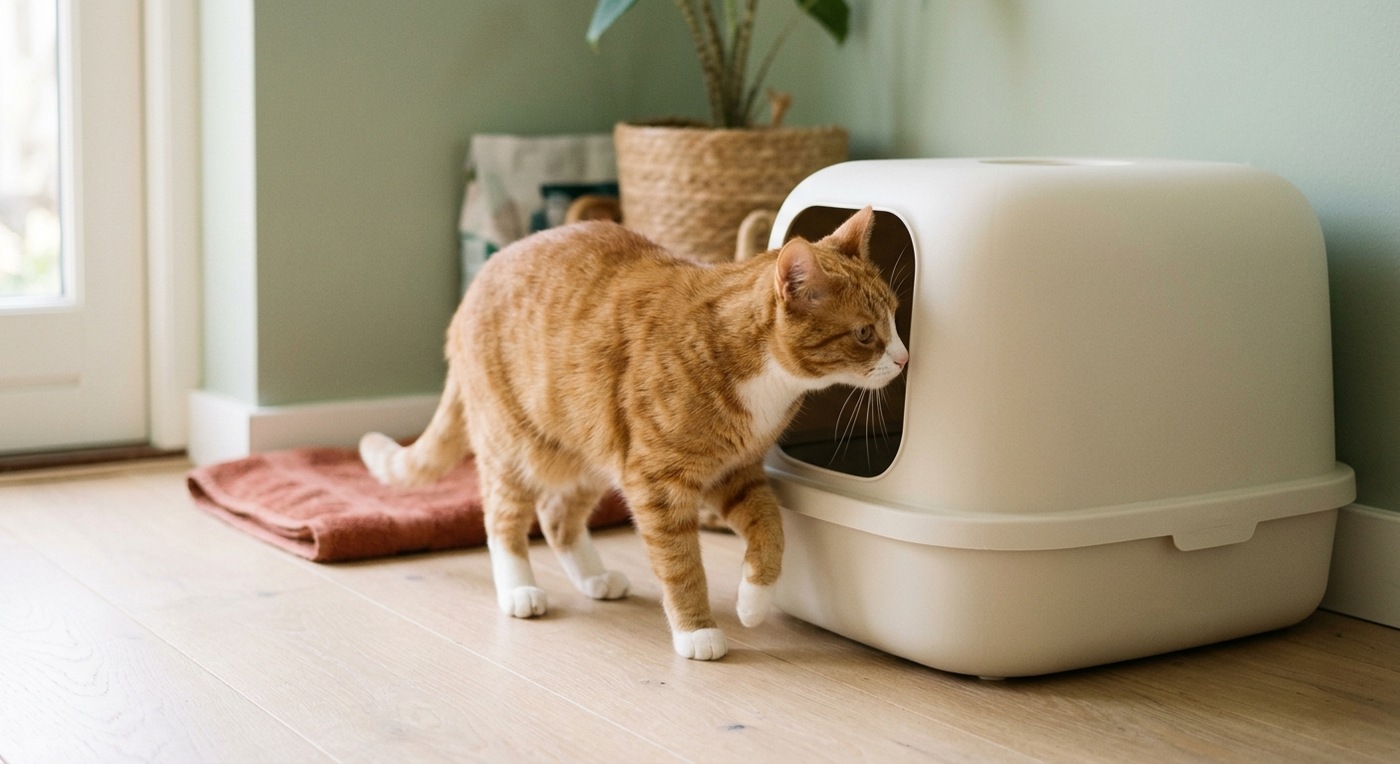 A ginger-and-white cat beside a clean cream litter box.