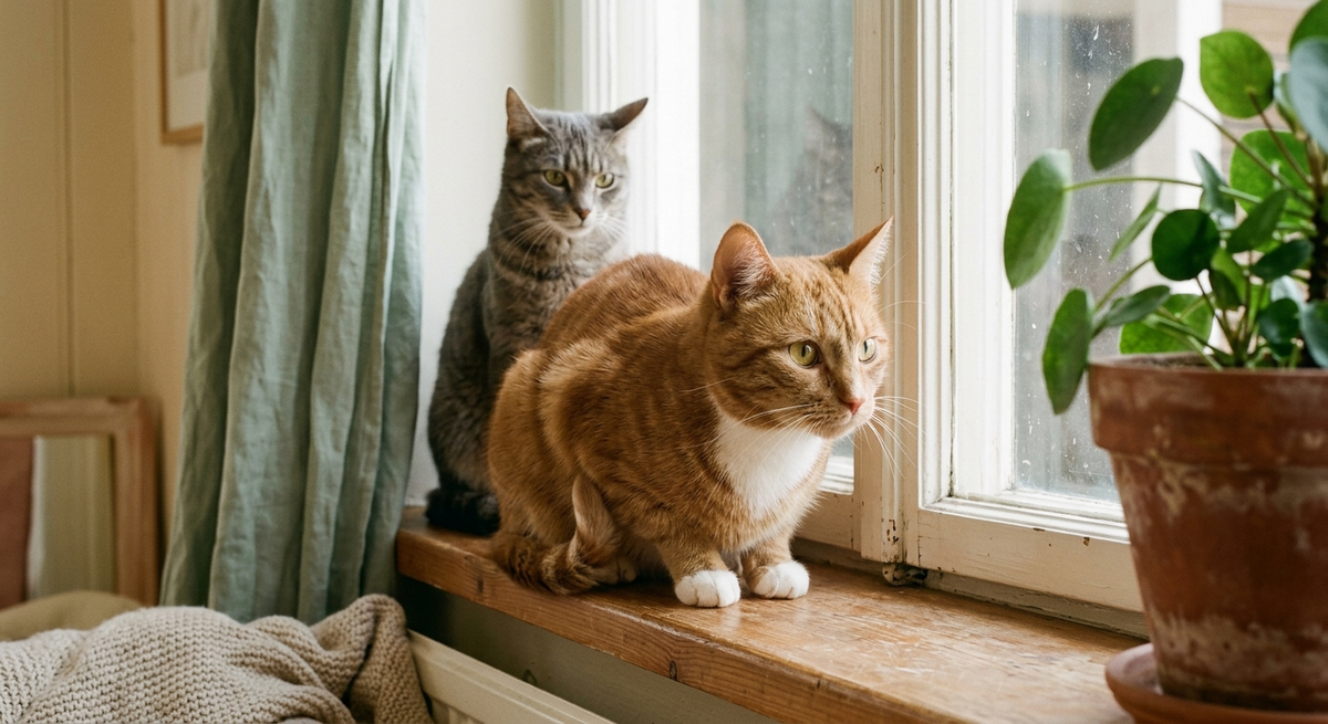 Two cats sharing a windowsill while keeping a wary distance.