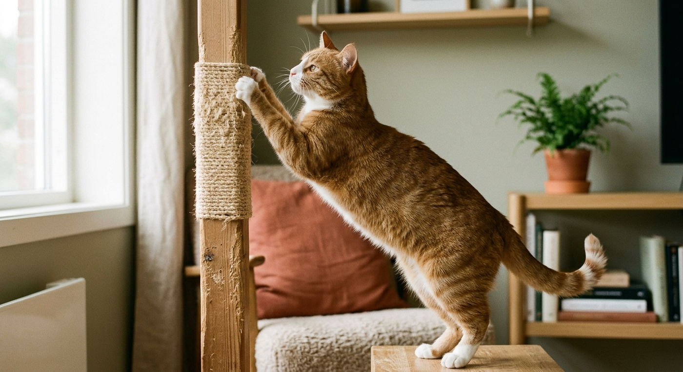 A ginger-and-white cat stretching on a sisal scratching post.