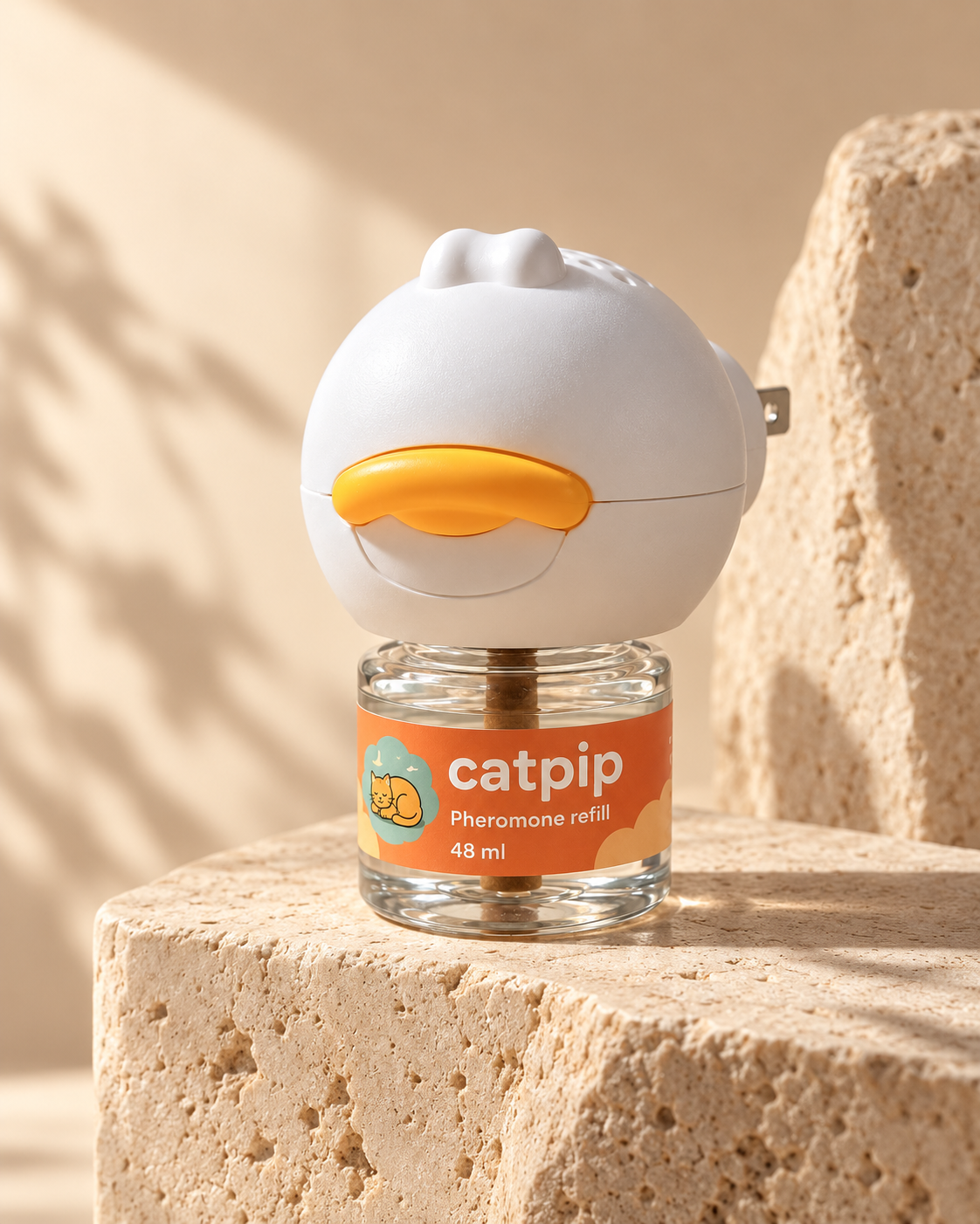 Catpip Calmi difuusor läbipaistva täitepudeliga, püstiasendis soojas loomulikus valguses.