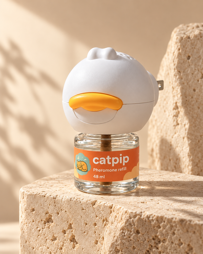 Catpip Calmi difuusor läbipaistva täitepudeliga, püstiasendis soojas loomulikus valguses.