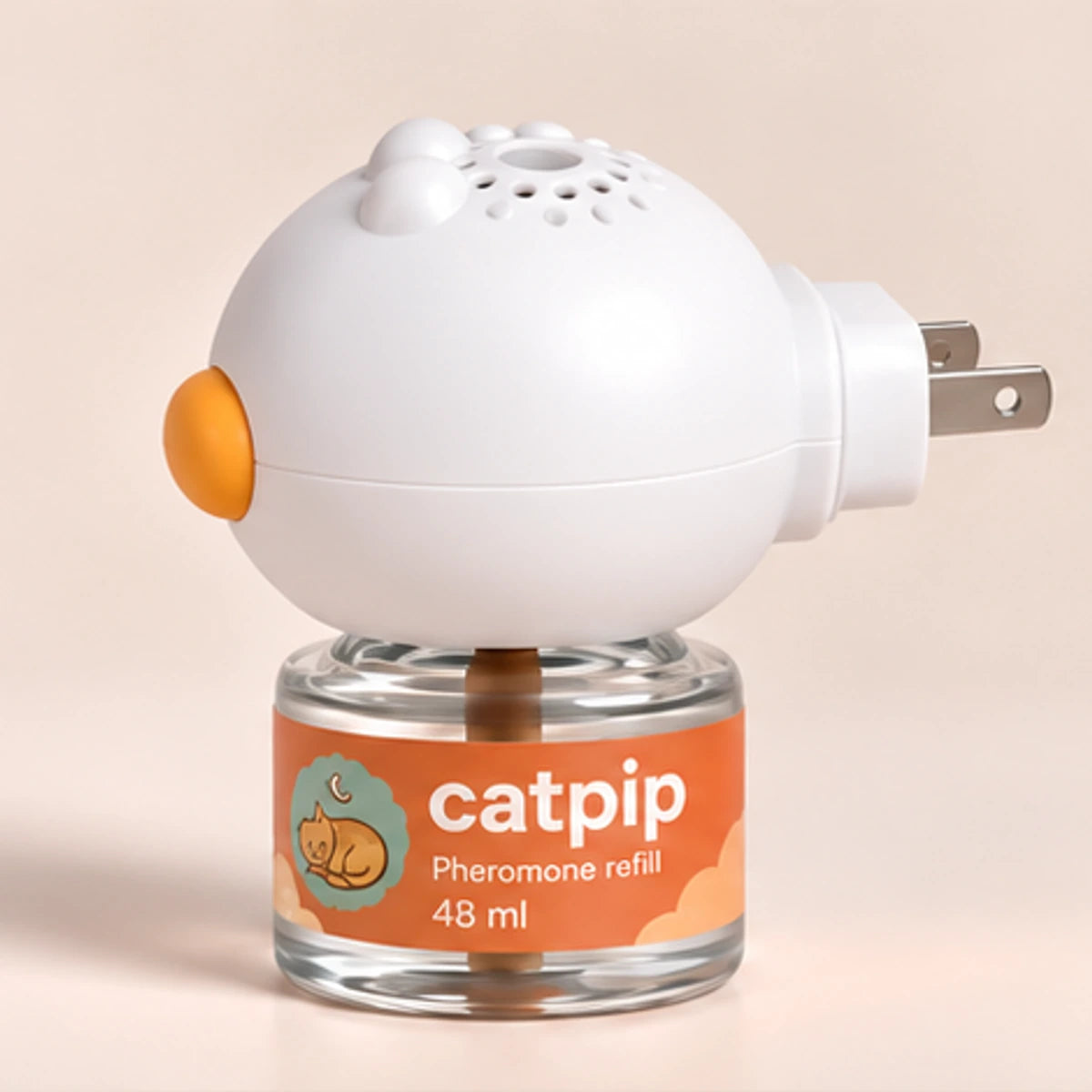 Catpip Calmi difuusor ja täitepudel USA A-tüüpi pistikuga, külgvaade.