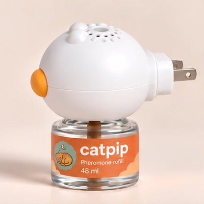 Catpip Calmi difuusor ja täitepudel USA A-tüüpi pistikuga, külgvaade.