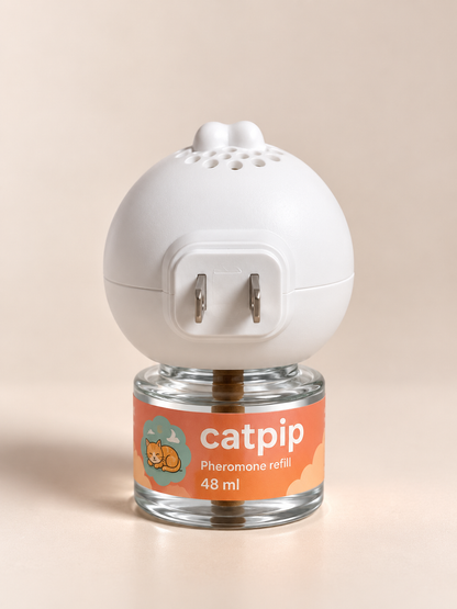 Catpip Calmi difuusori tagantvaade USA A-tüüpi lapikute kontaktidega pistiku ja läbipaistva täitepudeliga.
