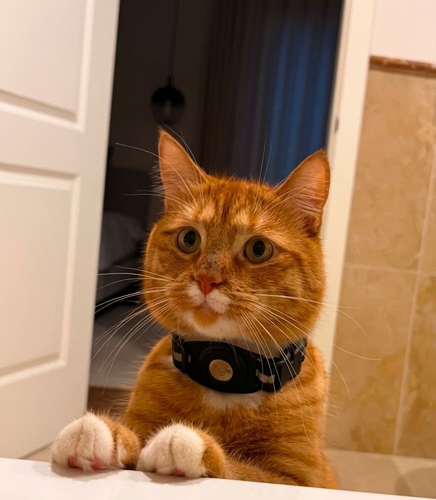 Pico, an orange cat, peeking up with his paws over a ledge at home.