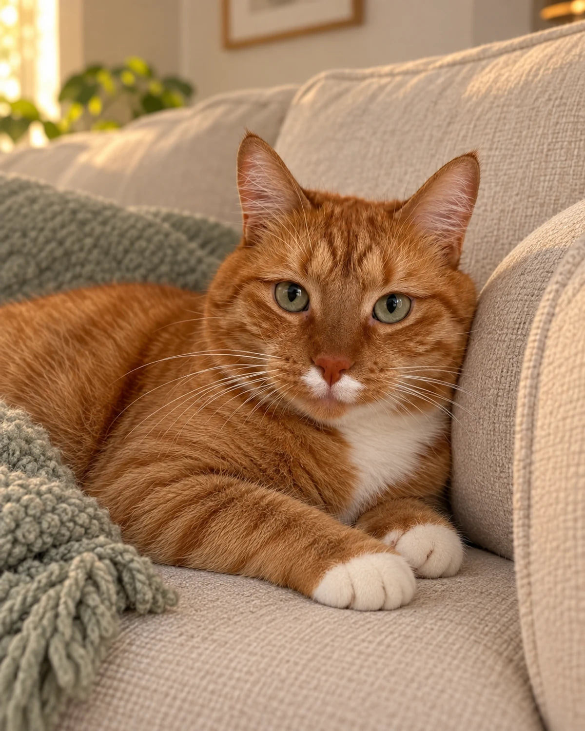 Pico resting comfortably on a sofa in a warm home interior.