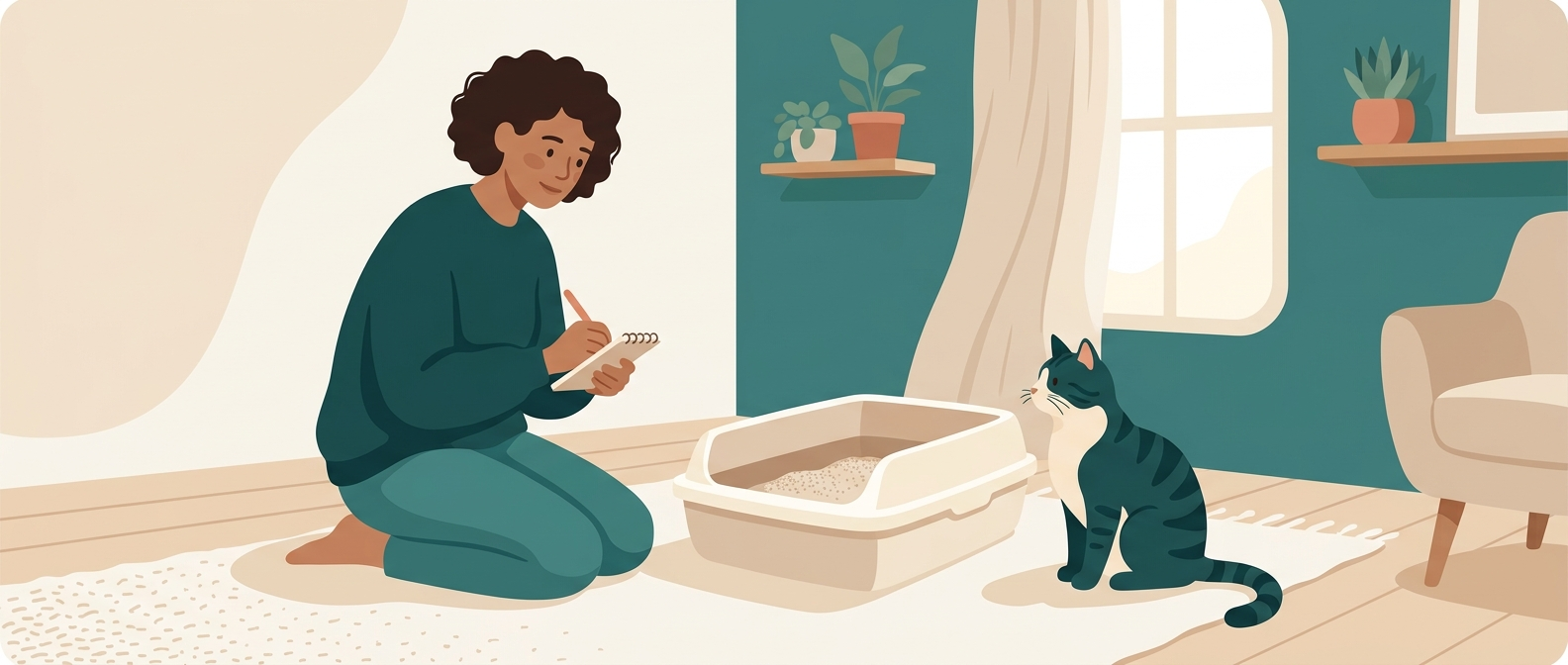 A cat and caregiver calmly observing a clean, accessible litter-box area at home.