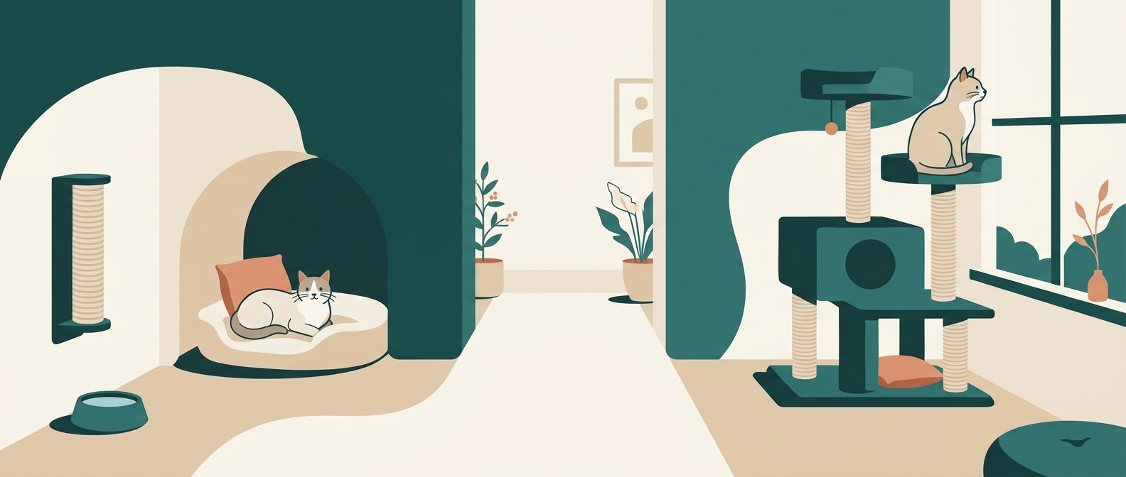 Two cats using separate resting and resource areas with clear routes through a home.
