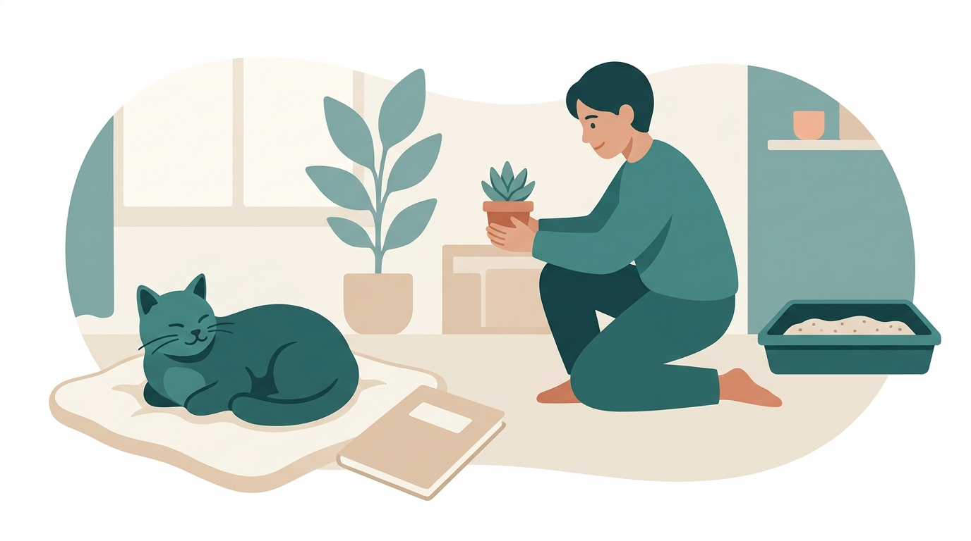 A cat resting near a simple observation notebook and a tidy litter box in a calm home.